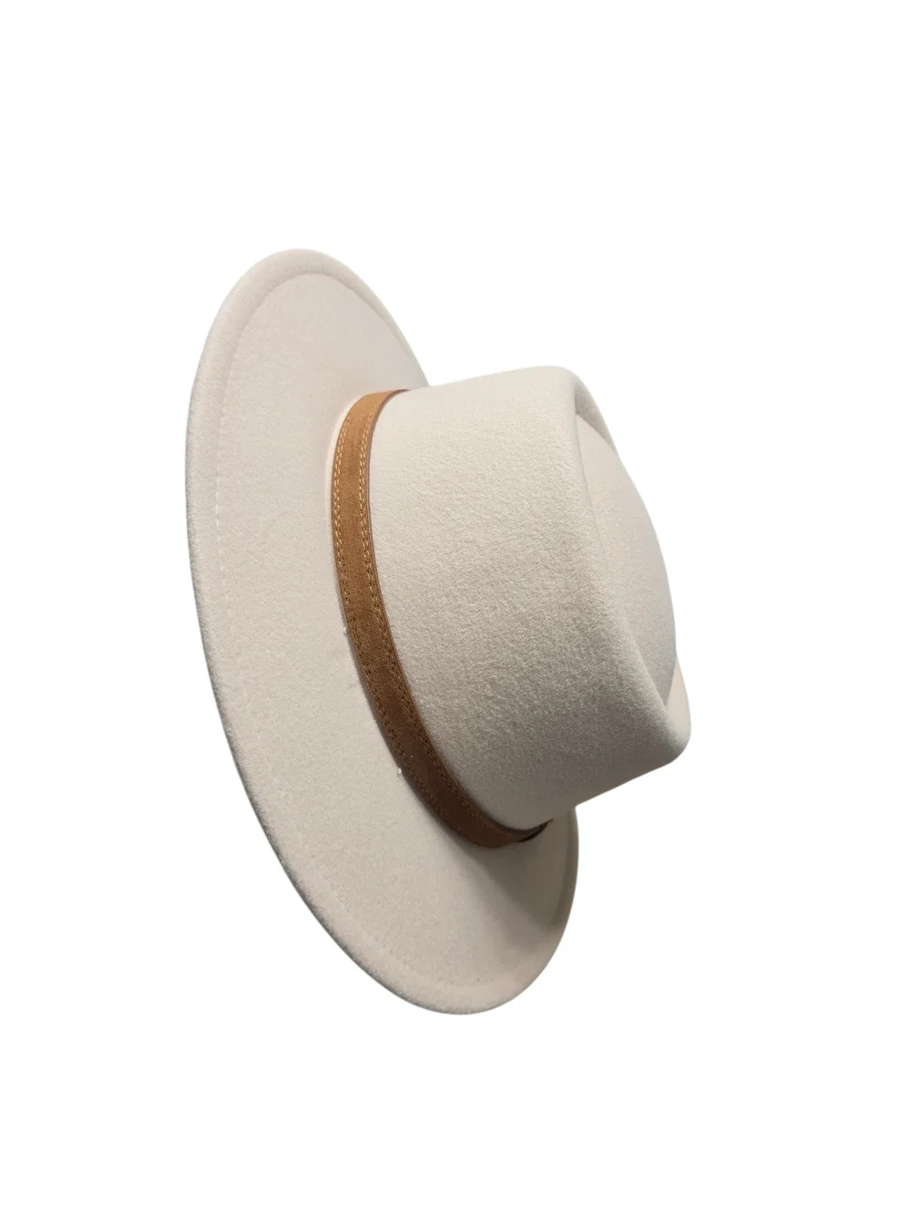 Wool Fedora Hat Womens Vintage Cream Felt Wide-Brim Hat with Brown Band